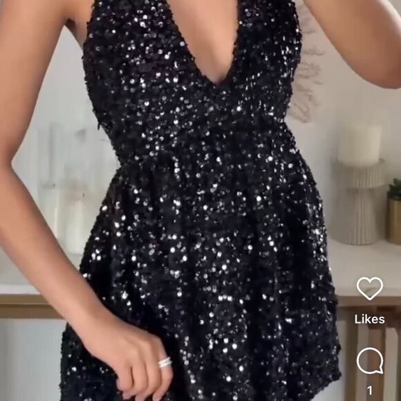 Zara Sequin Balloon Halter Mini Dress NWT Black Silver Size Medium Blogger Fav - Picture 9 of 10